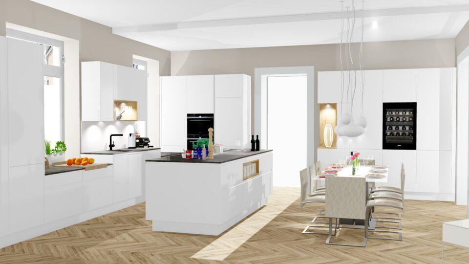Küchenplanung Wien weiße grifflose Küche von ewe, Siemens Geräte, Weinkühlschrank