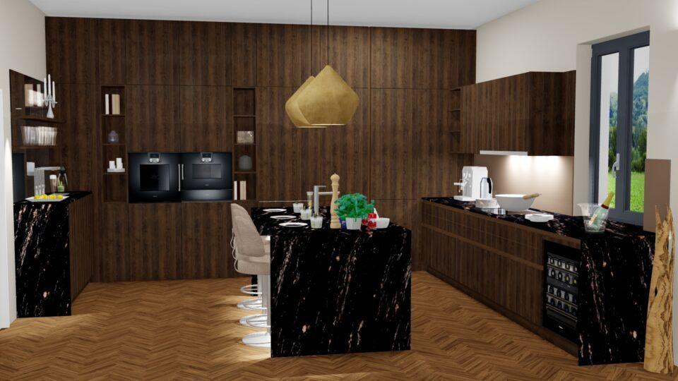 Rendering Designküche Marke LEICHT mit Holzfronten Eiche dunkel, Natursteinarbeitsplatten und Seitenwangen, Kochinsel, Gaggenau Geräte, Glasrückwand, offene Regale