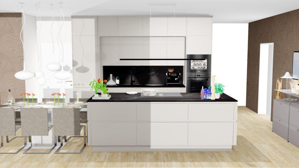 Rendering Wohnküche ewe in Fango schlammfarben mit Natursteinarbeitsplatten und -rückwand, Miele Geräte schwarz, Kochinsel mit Essplatz
