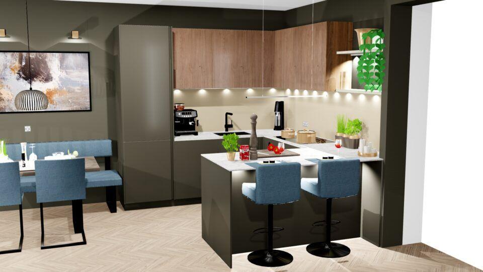 Küchenplanung ewe kombiniert mit LEICHT in Dunkelgrau mit Echtholzfronten Nuss, Glasrückwand Sand, Bar mit zwei Barhockern, Natursteinplatte