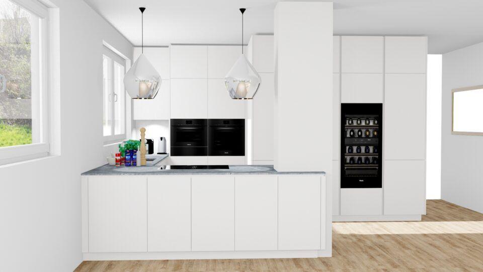 Küchenplanung vom Küchenzentrum Steffl, LEICHT Küche in Arktisweiß mit schwarzen Miele Geräten, Natursteinarbeitsplatte Infinity, integrierter Weinkühler, Unterbauspüle Blanco, Kücheninsel mit Kochfeld mit integriertem Dunstabzug