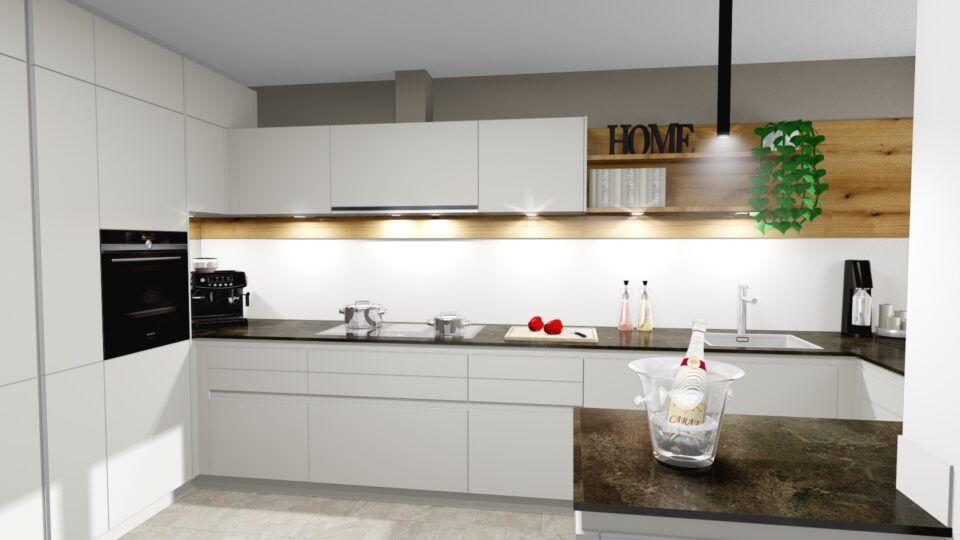 Küchenplanung vom Küchenzentrum Steffl Marke ewe Modell Nuova-GL grifflos, Fronten Angora beschichtet, Kunststoffarbeitsplatte dunkel, Rückwände Eiche kombiniert mit Angora