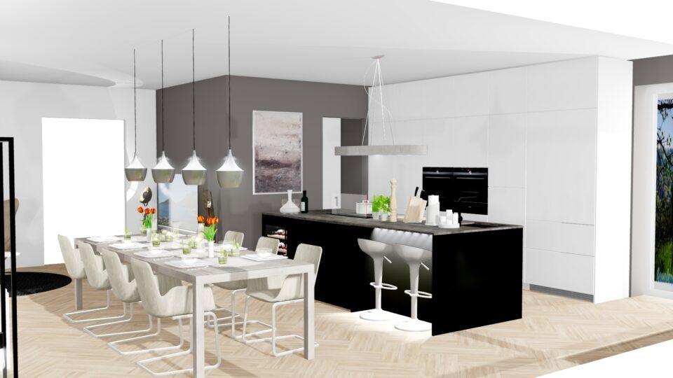 Rendering Designküche Marke LEICHT und ewe in weiß und schwarz mit Natursteinarbeitsplatte, Geräte Siemens, Barsituation, integrierter Weinkühlschrank, Essbereich mit Holztisch und Freischwingern