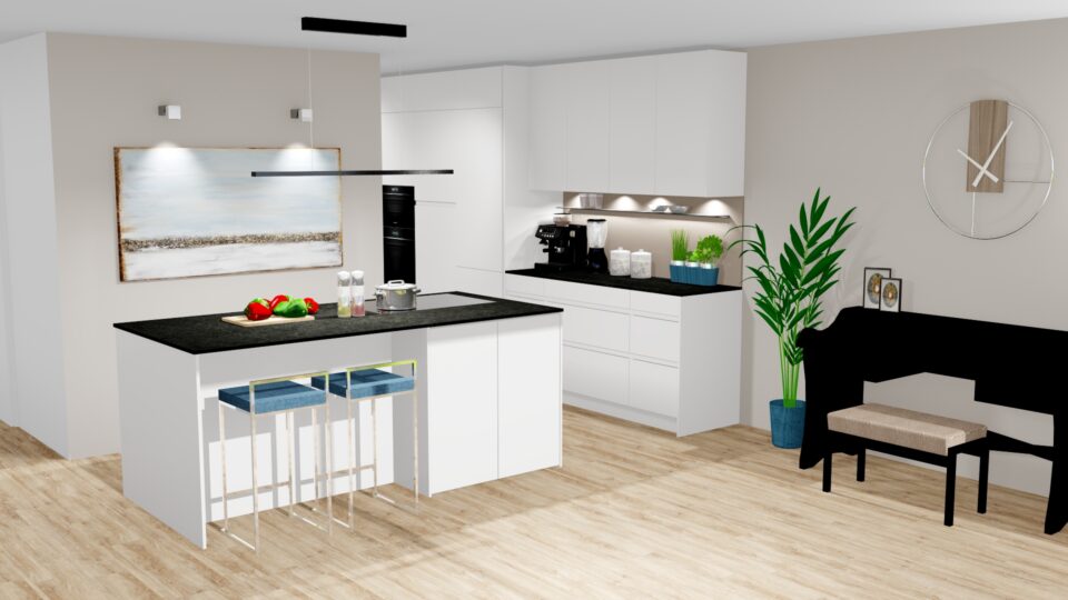 Küchenkonzept LEICHT grifflos ausgeführt und hell beschichtet mit dunkler Natursteinarbeitsplatte