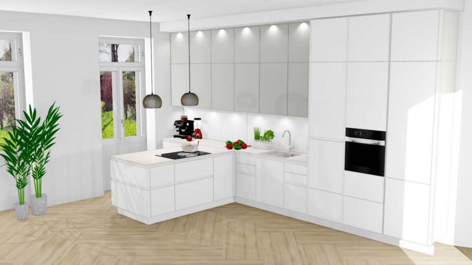 Küchenplanung vom Küchenzentrum Steffl Marke ewe Modell Nuova-GL grifflos, Fronten Weiß beschichtet, Kunststoffarbeitsplatte Weiß